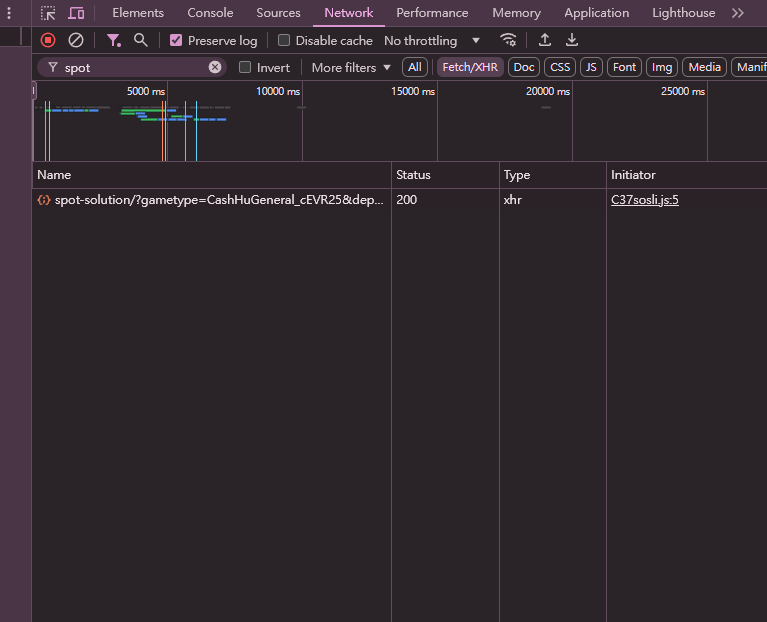 Chrome DevTools, Network tab, filtered by spot: the spot-solution request is listed with status 200